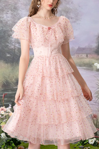 Gothic Lolita Dress - Round Collar Ruffled Polka, Pink, Sweet Style, Printed, Layered - main product image