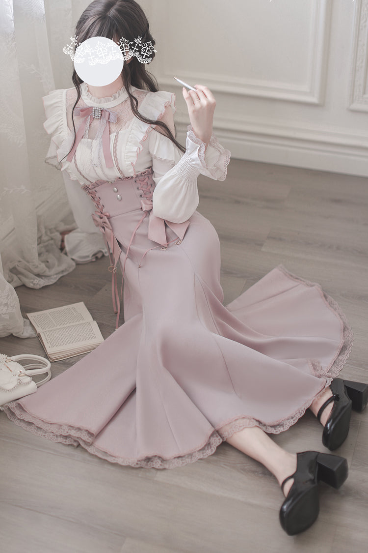 Gothic Lolita Dress - Ruffle Bowknot Slim Elegant, Pink, Fishtail Silhouette, Bow Detail - additional product view 2