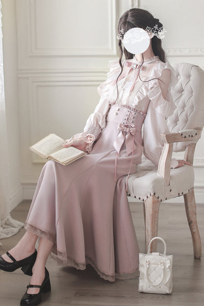 Gothic Lolita Dress - Ruffle Bowknot Slim Elegant, Pink, Fishtail Silhouette, Bow Detail - additional product view 7