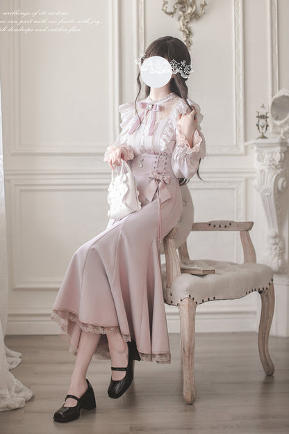 Gothic Lolita Dress - Ruffle Bowknot Slim Elegant, Pink, Fishtail Silhouette, Bow Detail - additional product view 8