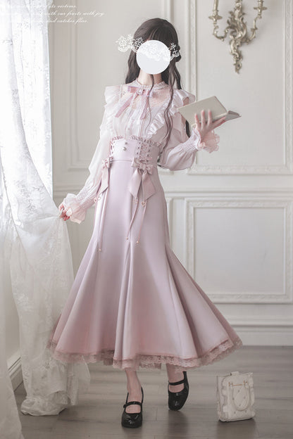 Gothic Lolita Dress - Ruffle Bowknot Slim Elegant, Pink, Fishtail Silhouette, Bow Detail - additional product view 10