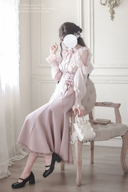 Gothic Lolita Dress - Ruffle Bowknot Slim Elegant, Pink, Fishtail Silhouette, Bow Detail - additional product view 11