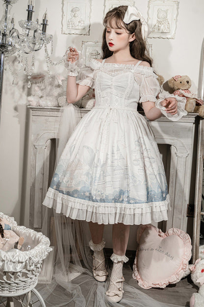 Gothic Lolita Dress - Ruffle Whale Paradise Print, White, Ruffled, Printed, Sweet Style - additional product view 2