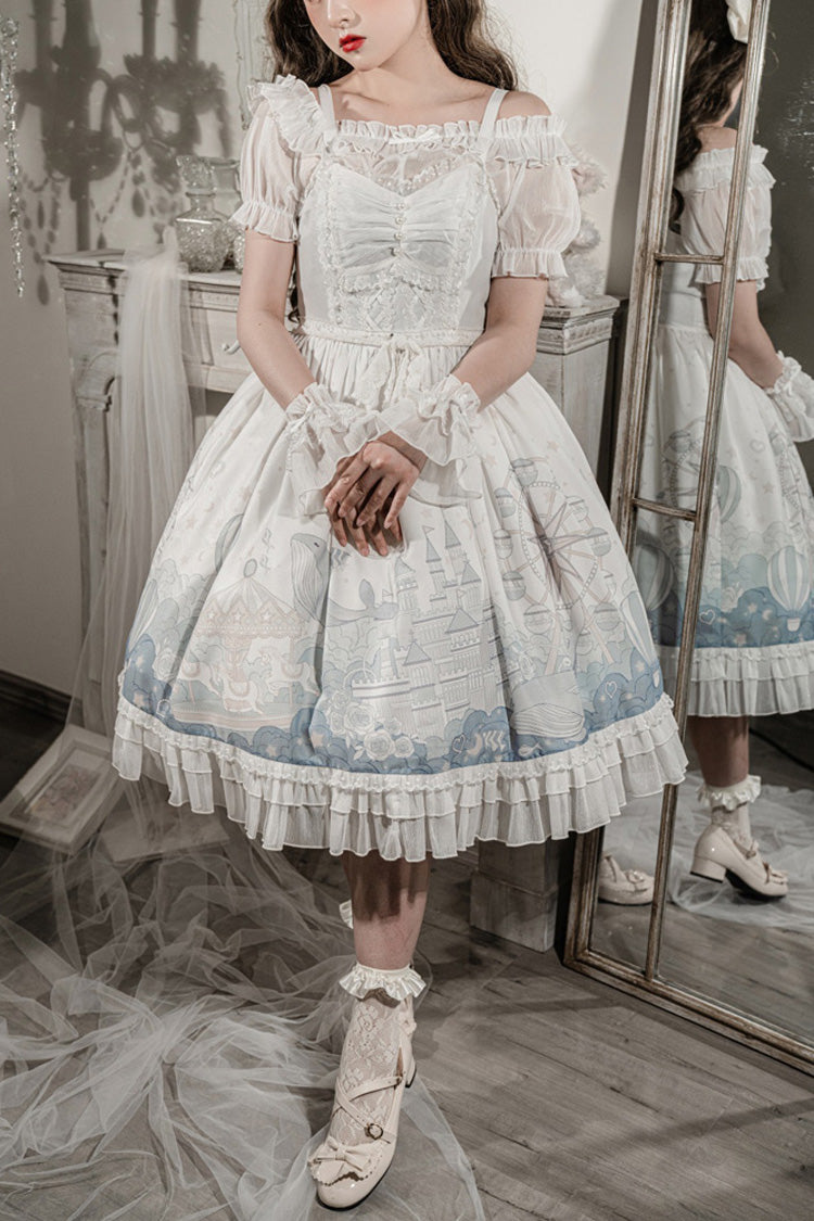 Gothic Lolita Dress - Ruffle Whale Paradise Print, White, Ruffled, Printed, Sweet Style - main product image