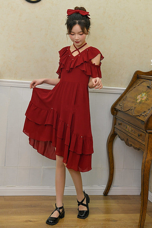 Gothic Lolita Dress - Ruffled V Collar Strapless, Red, High Waist, Sweet Style - additional product view 2