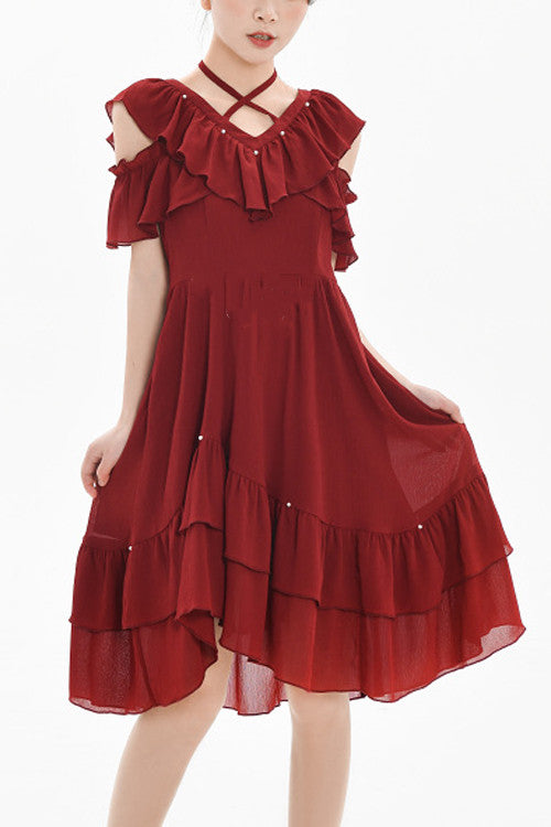 Gothic Lolita Dress - Ruffled V Collar Strapless, Red, High Waist, Sweet Style - main product image