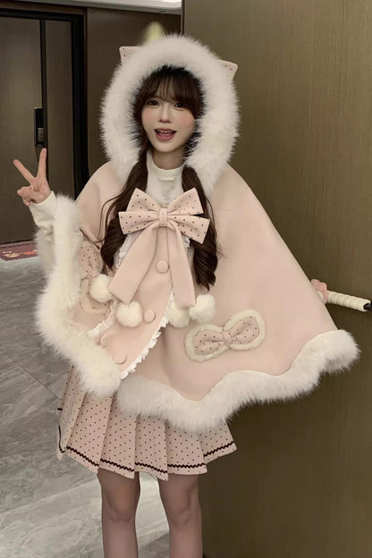 Gothic Lolita Dress - Sea Salt Guava, Pink, Printed, Sweet Style, Bow Detail - S Cloak / M Cloak / L Cloak option