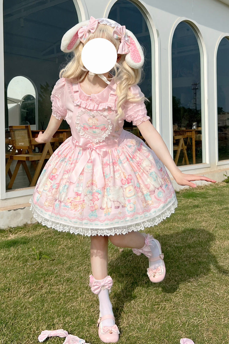 Gothic Lolita Dress - Sheep's Party Print, Pink, Sweet Style, Bow Detail, Lace Trim - additional product view 2