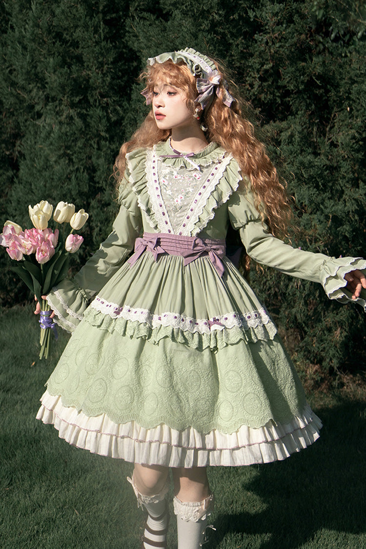 Gothic Lolita Dress - Solitary Orchid In Quiet Valley, Green, Layered, Long Sleeves - main product image
