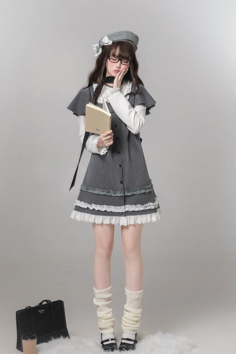 Gothic Lolita Dress - Square Collar Polka Dot, Gray, Square Collar, Printed, Long Sleeves - additional product view 2