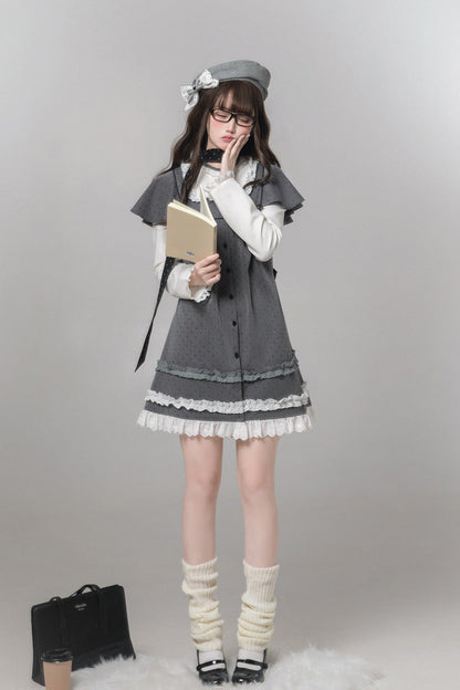 Gothic Lolita Dress - Square Collar Polka Dot, Gray, Square Collar, Printed, Long Sleeves - additional product view 2
