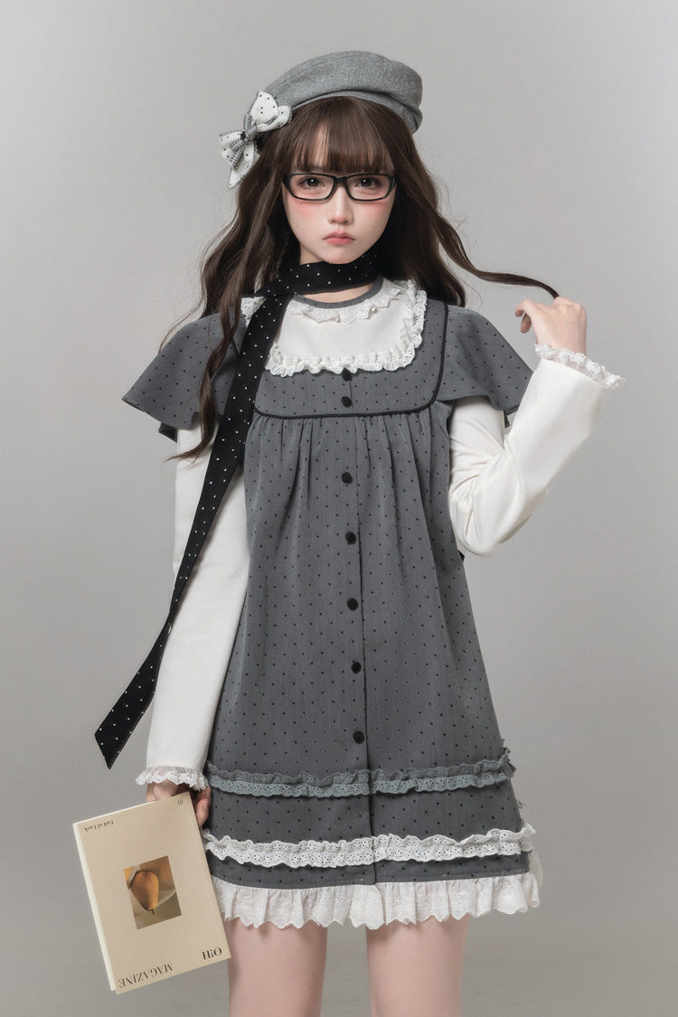 Gothic Lolita Dress - Square Collar Polka Dot, Gray, Square Collar, Printed, Long Sleeves - additional product view 3