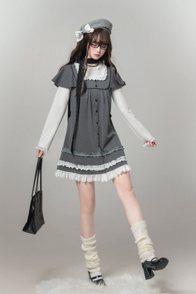Gothic Lolita Dress - Square Collar Polka Dot, Gray, Square Collar, Printed, Long Sleeves - additional product view 4