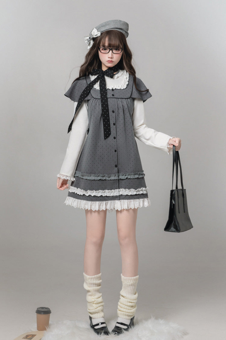 Gothic Lolita Dress - Square Collar Polka Dot, Gray, Square Collar, Printed, Long Sleeves - additional product view 5