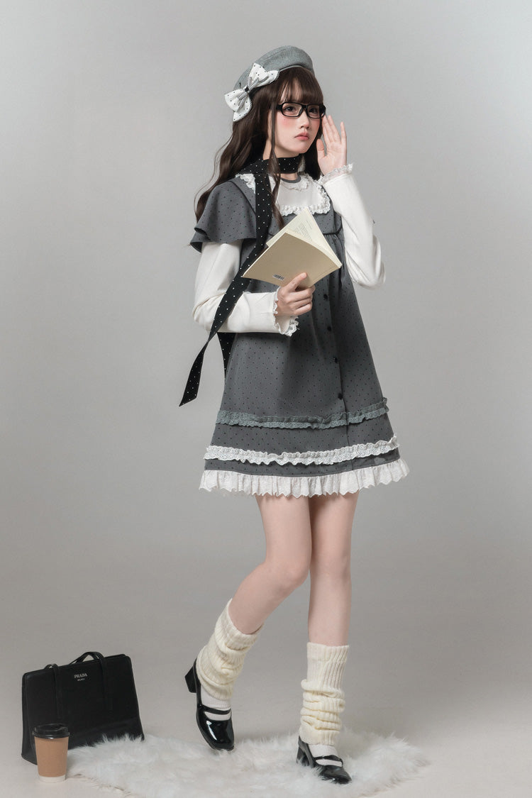 Gothic Lolita Dress - Square Collar Polka Dot, Gray, Square Collar, Printed, Long Sleeves - additional product view 6
