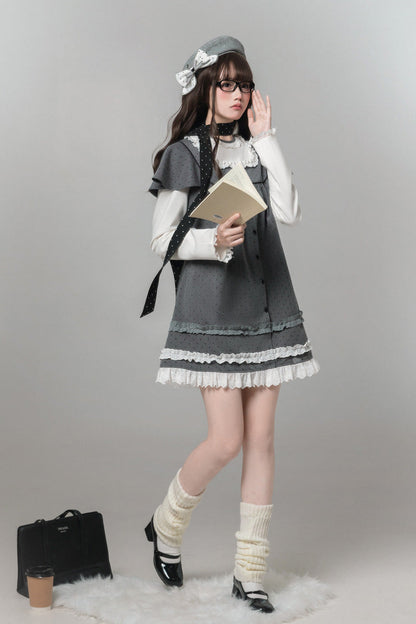 Gothic Lolita Dress - Square Collar Polka Dot, Gray, Square Collar, Printed, Long Sleeves - additional product view 6