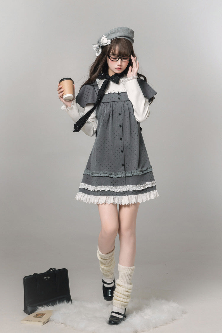 Gothic Lolita Dress - Square Collar Polka Dot, Gray, Square Collar, Printed, Long Sleeves - additional product view 7