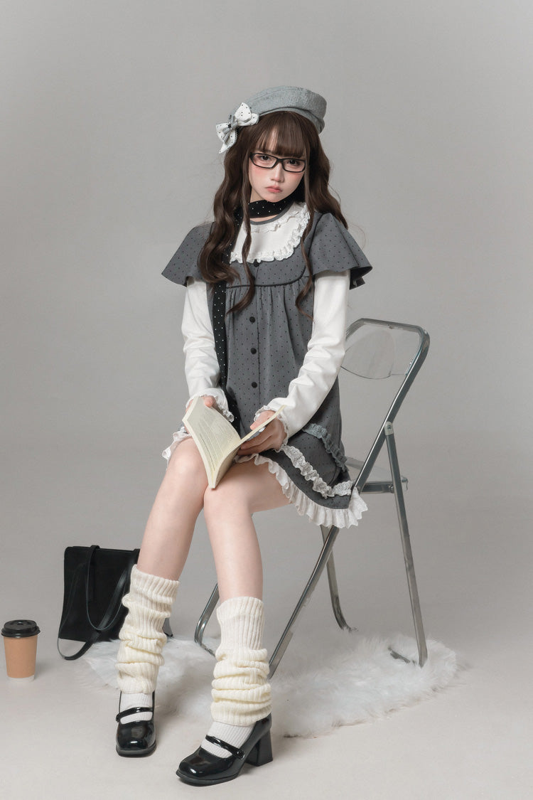 Gothic Lolita Dress - Square Collar Polka Dot, Gray, Square Collar, Printed, Long Sleeves - additional product view 8