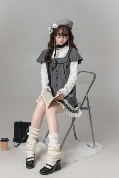 Gothic Lolita Dress - Square Collar Polka Dot, Gray, Square Collar, Printed, Long Sleeves - additional product view 8