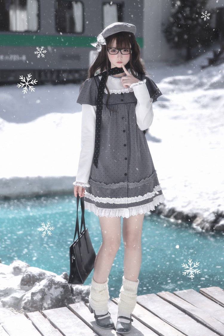 Gothic Lolita Dress - Square Collar Polka Dot, Gray, Square Collar, Printed, Long Sleeves - additional product view 9