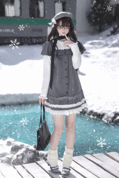 Gothic Lolita Dress - Square Collar Polka Dot, Gray, Square Collar, Printed, Long Sleeves - additional product view 9