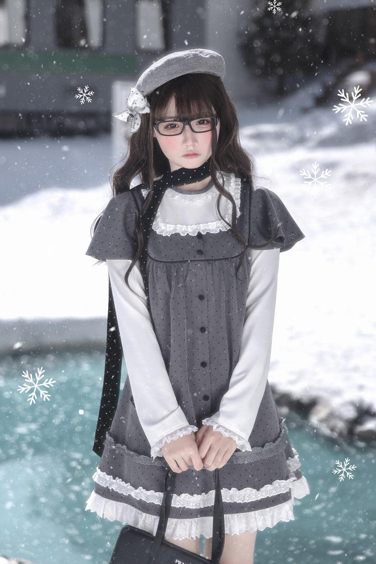 Gothic Lolita Dress - Square Collar Polka Dot, Gray, Square Collar, Printed, Long Sleeves - additional product view 10