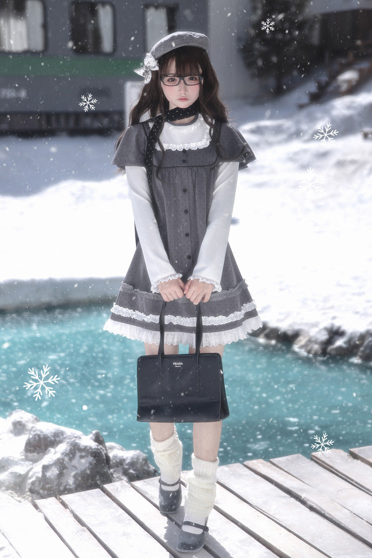 Gothic Lolita Dress - Square Collar Polka Dot, Gray, Square Collar, Printed, Long Sleeves - additional product view 11