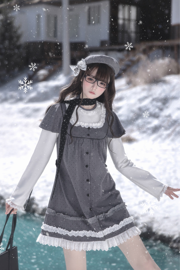 Gothic Lolita Dress - Square Collar Polka Dot, Gray, Square Collar, Printed, Long Sleeves - additional product view 12