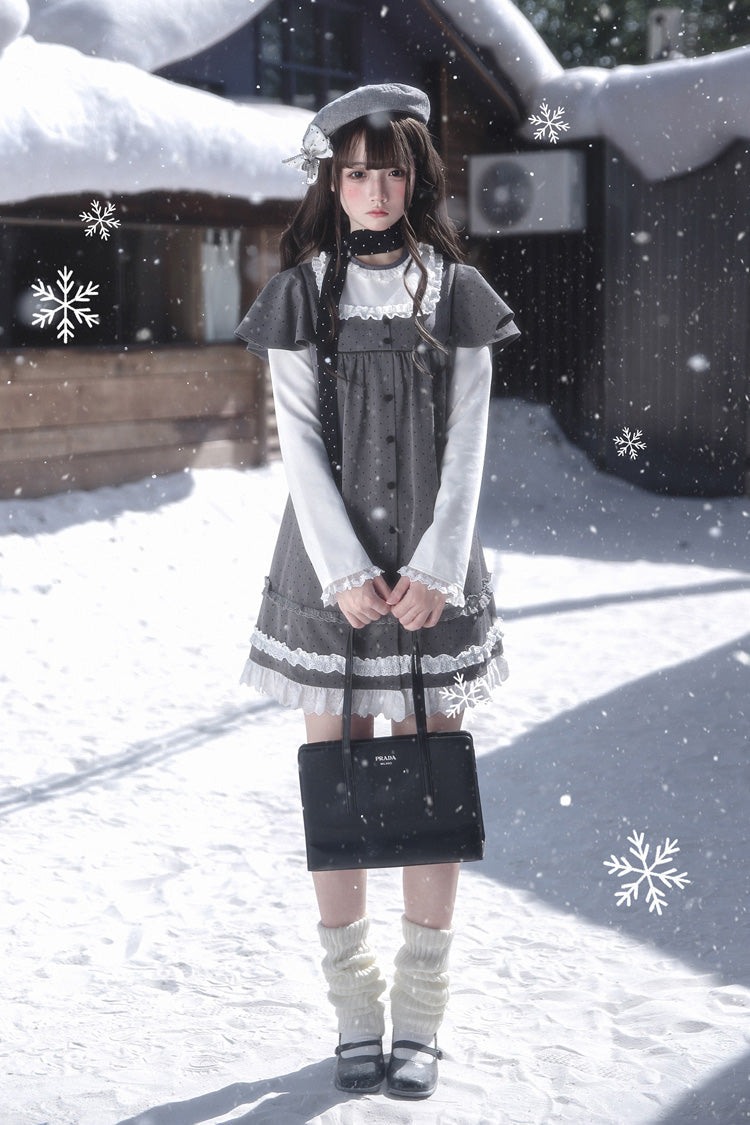 Gothic Lolita Dress - Square Collar Polka Dot, Gray, Square Collar, Printed, Long Sleeves - additional product view 13