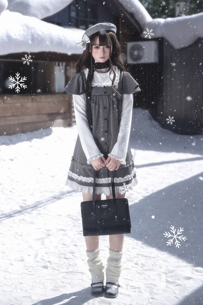 Gothic Lolita Dress - Square Collar Polka Dot, Gray, Square Collar, Printed, Long Sleeves - additional product view 13