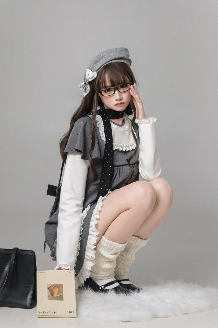 Gothic Lolita Dress - Square Collar Polka Dot, Gray, Square Collar, Printed, Long Sleeves - additional product view 14