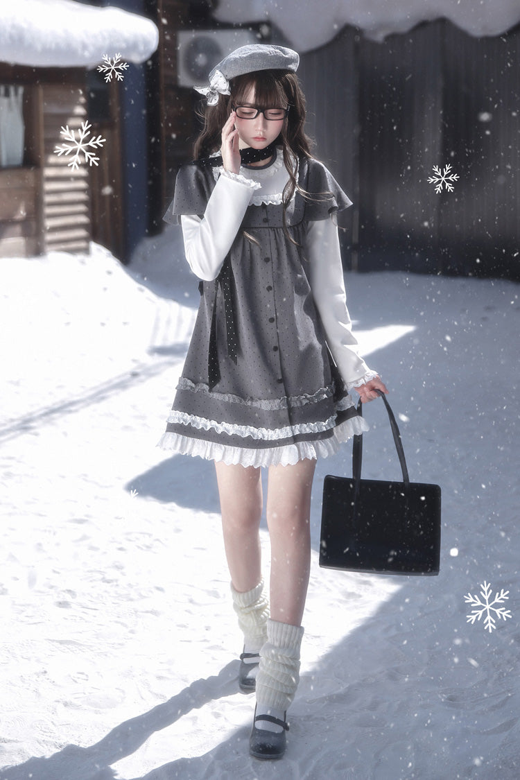Gothic Lolita Dress - Square Collar Polka Dot, Gray, Square Collar, Printed, Long Sleeves - additional product view 15