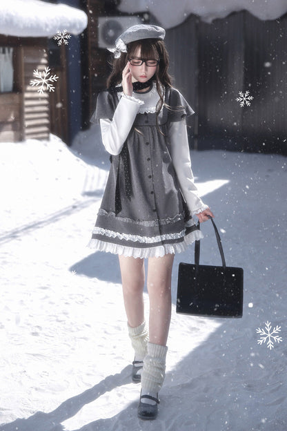 Gothic Lolita Dress - Square Collar Polka Dot, Gray, Square Collar, Printed, Long Sleeves - additional product view 15