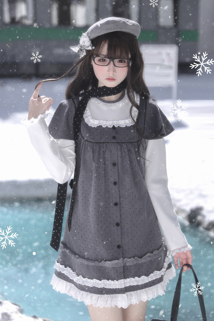 Gothic Lolita Dress - Square Collar Polka Dot, Gray, Square Collar, Printed, Long Sleeves - additional product view 16