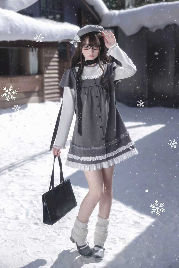 Gothic Lolita Dress - Square Collar Polka Dot, Gray, Square Collar, Printed, Long Sleeves - additional product view 17