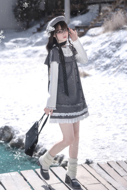 Gothic Lolita Dress - Square Collar Polka Dot, Gray, Square Collar, Printed, Long Sleeves - additional product view 18