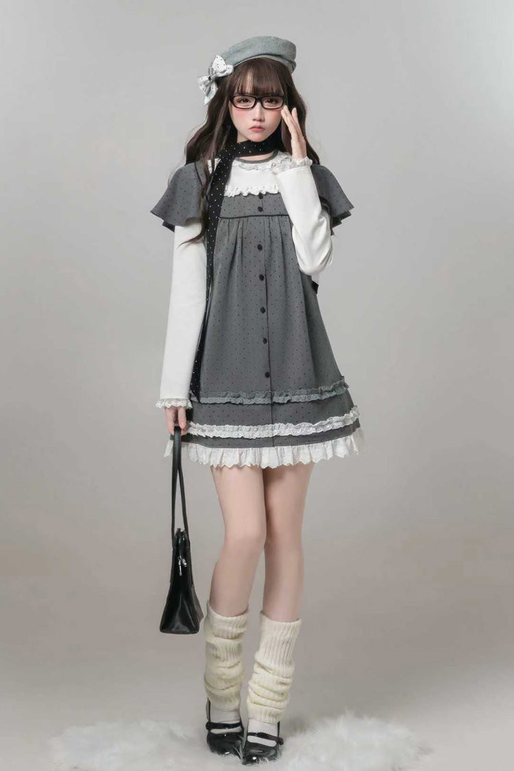 Gothic Lolita Dress - Square Collar Polka Dot, Gray, Square Collar, Printed, Long Sleeves - main product image