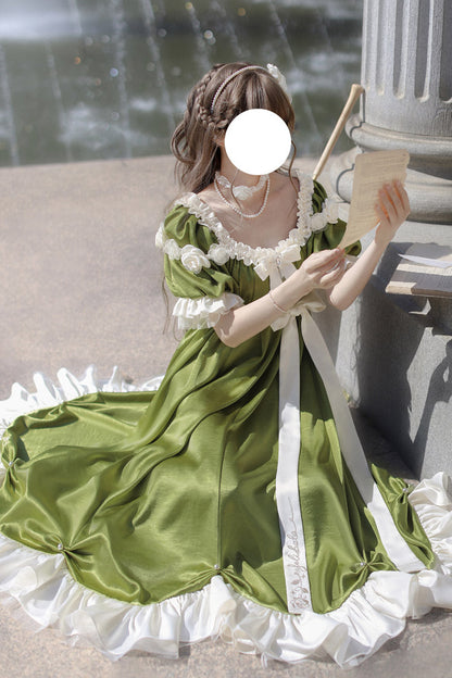 Gothic Lolita Dress - Square Collar Ruffle Bowknot, Green, Square Collar, Sweet Style - additional product view 2