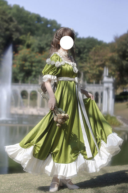 Gothic Lolita Dress - Square Collar Ruffle Bowknot, Green, Square Collar, Sweet Style - additional product view 11