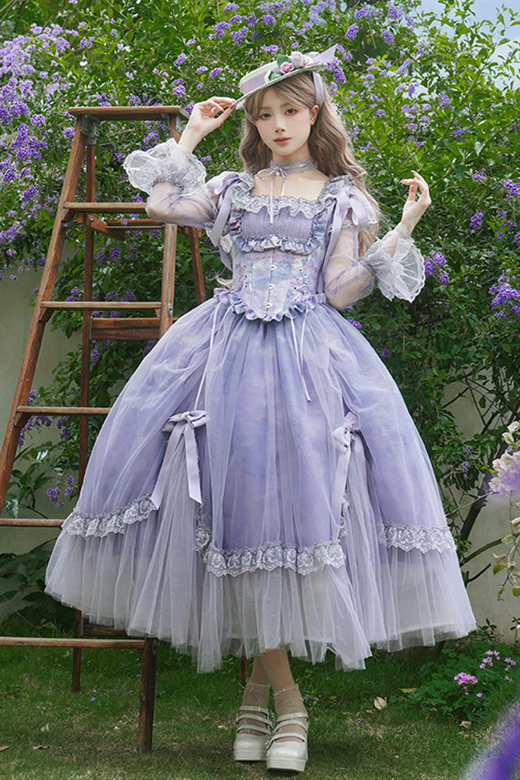Gothic Lolita Dress - Square Collar Ruffle Bowknot, Purple, Square Collar, Ruffled - main product image