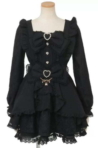 Gothic Lolita Dress - Square Collar Ruffled Bow, 3 Colors, Square Collar, Plus Size - S Black / M Black / L Black option