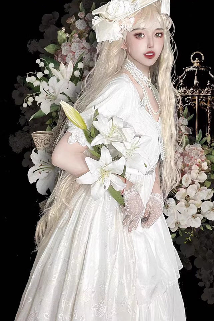 Gothic Lolita Dress - Square Collar Subtle Rose, White, Square Collar, Bow Detail, Printed - additional product view 2