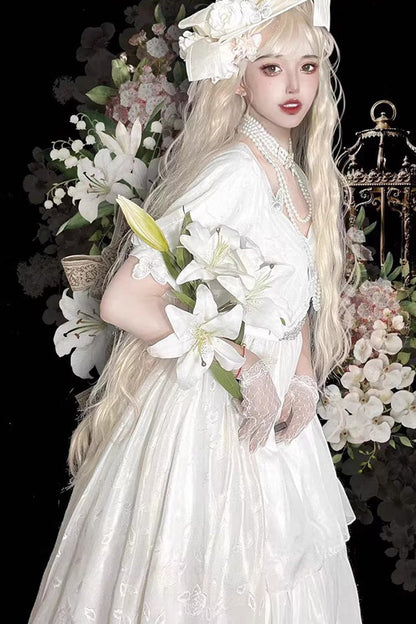 Gothic Lolita Dress - Square Collar Subtle Rose, White, Square Collar, Bow Detail, Printed - additional product view 2