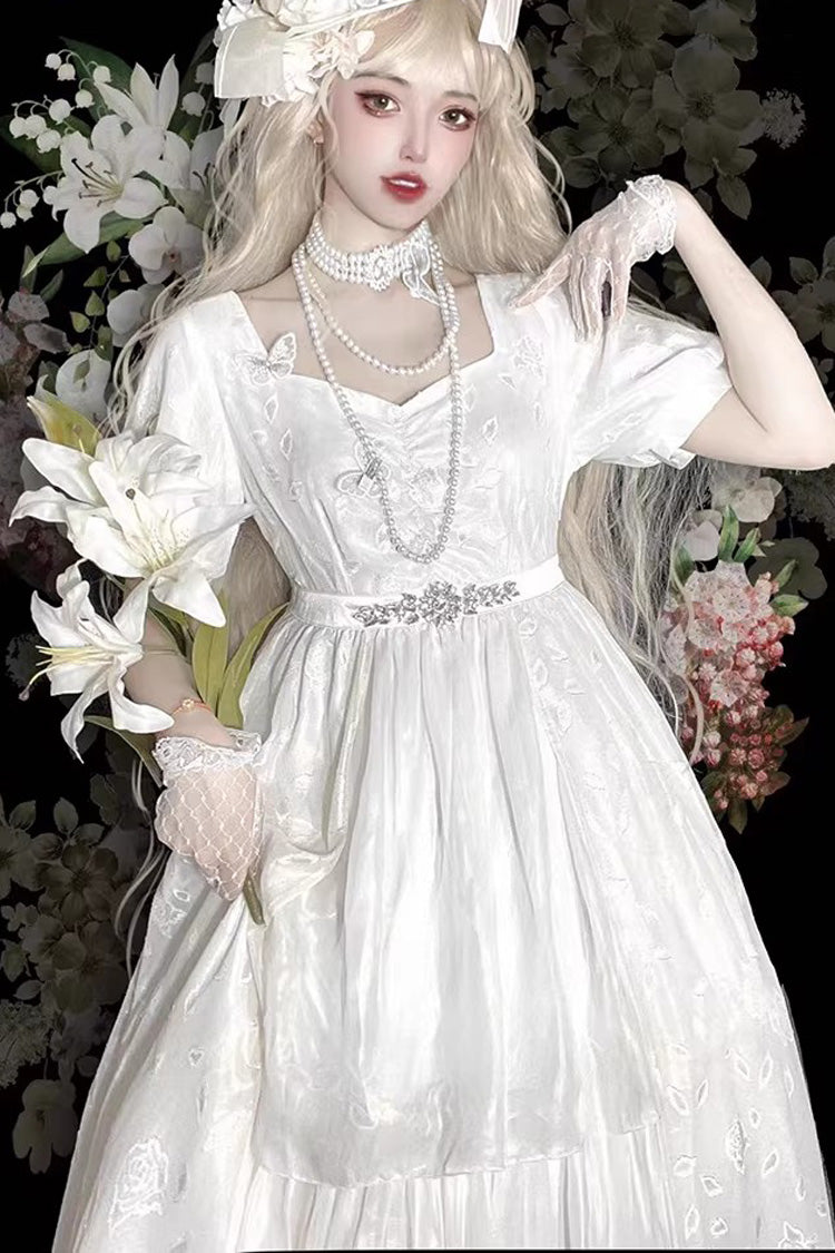 Gothic Lolita Dress - Square Collar Subtle Rose, White, Square Collar, Bow Detail, Printed - additional product view 3