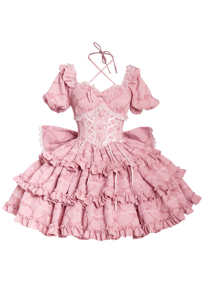 Gothic Lolita Dress - Square Collar Triple-layered, Pink, Square Collar, Bow Detail - additional product view 3
