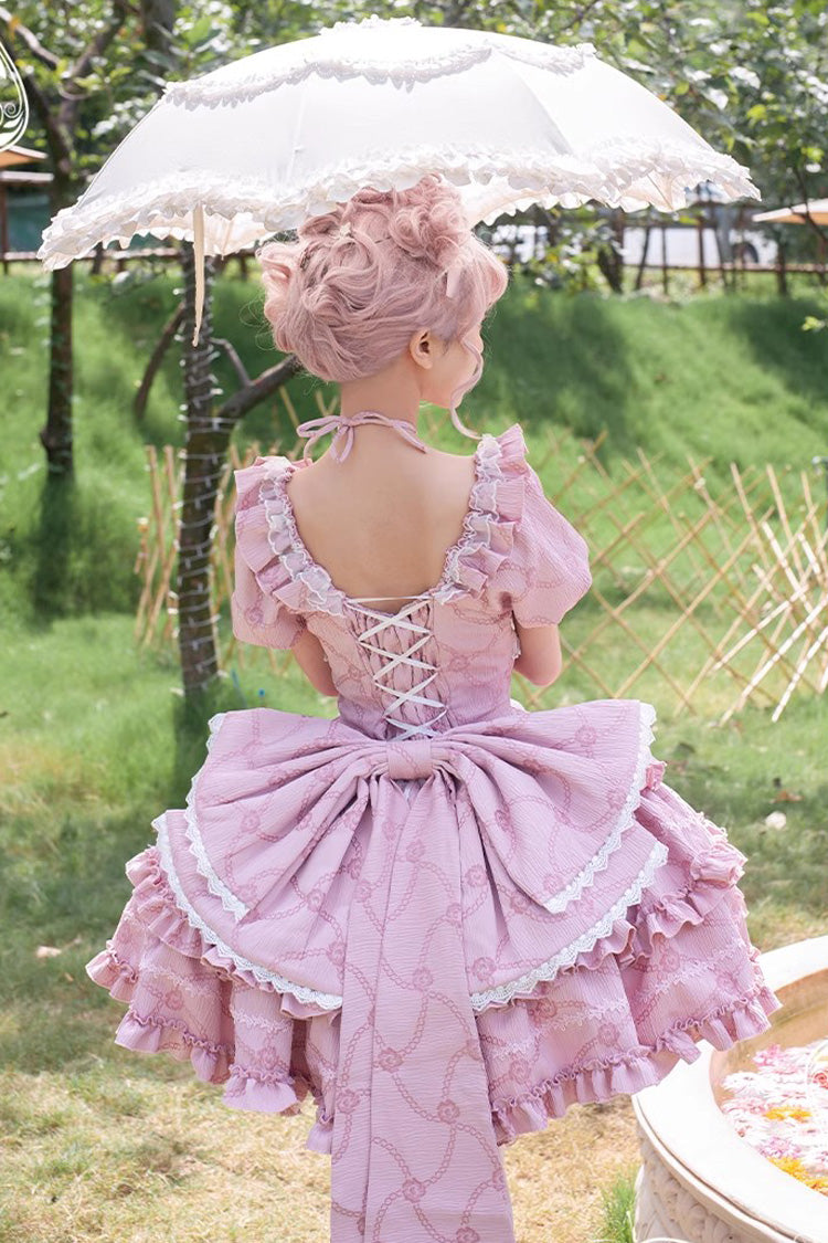 Gothic Lolita Dress - Square Collar Triple-layered, Pink, Square Collar, Bow Detail - additional product view 4