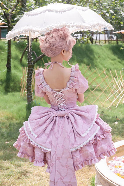 Gothic Lolita Dress - Square Collar Triple-layered, Pink, Square Collar, Bow Detail - additional product view 4