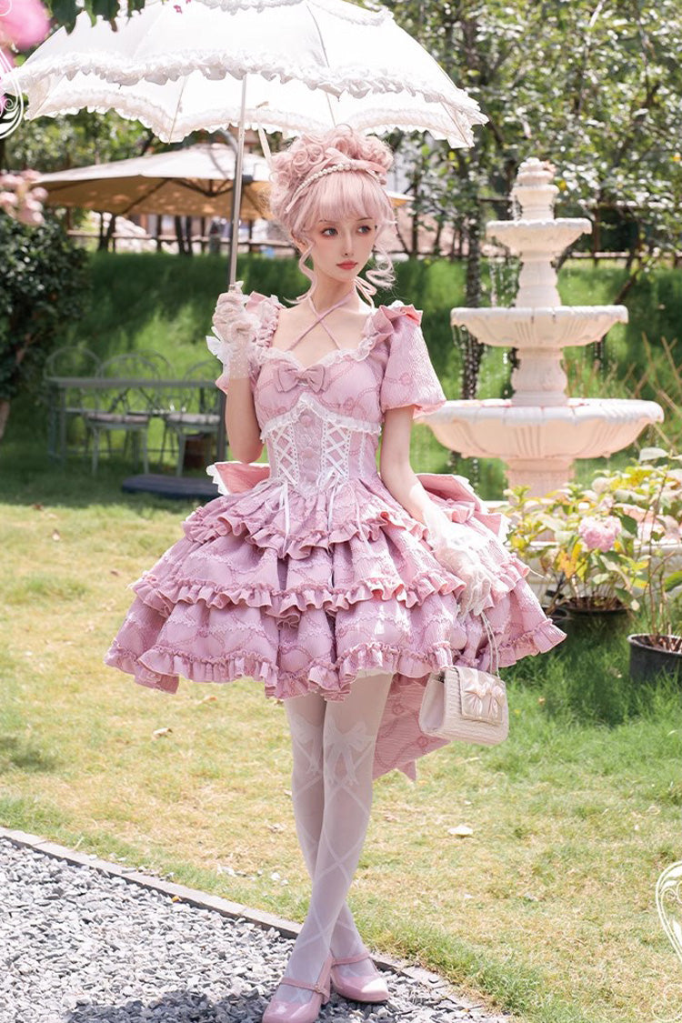 Gothic Lolita Dress - Square Collar Triple-layered, Pink, Square Collar, Bow Detail - main product image