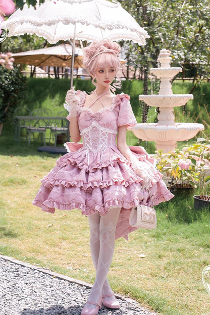 Gothic Lolita Dress - Square Collar Triple-layered, Pink, Square Collar, Bow Detail - main product image