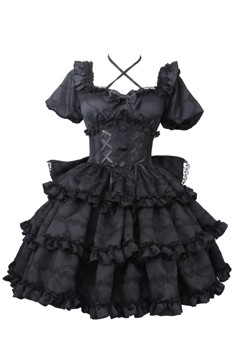 Gothic Lolita Dress - Square Collar Triple-layered, Pink, Square Collar, Bow Detail - S Black / M Black / L Black option